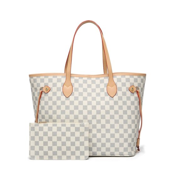 Womens Checkered Tote Shoulder Bag with inner pouch - PU Vegan Leather - Picture 1 of 10